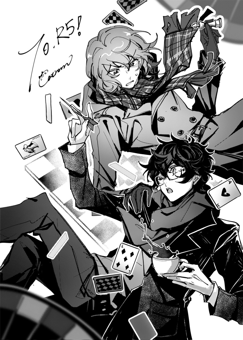 2boys ;o ace_(playing_card) ace_of_hearts akechi_gorou amamiya_ren artist_name belt card catrom_nya chess_piece chessboard chinese_commentary coat commentary_request cup dart dartboard falling five_of_diamonds glasses gloves greyscale hand_on_another's_shoulder hand_up heart highres holding holding_chess_piece holding_cup holding_dart joker_(playing_card) long_sleeves looking_at_another male_focus monochrome multiple_boys one_eye_closed open_mouth pants persona persona_5 persona_5_the_royal plaid plaid_scarf playing_card scarf short_hair simple_background sweat sweater teacup v-shaped_eyebrows