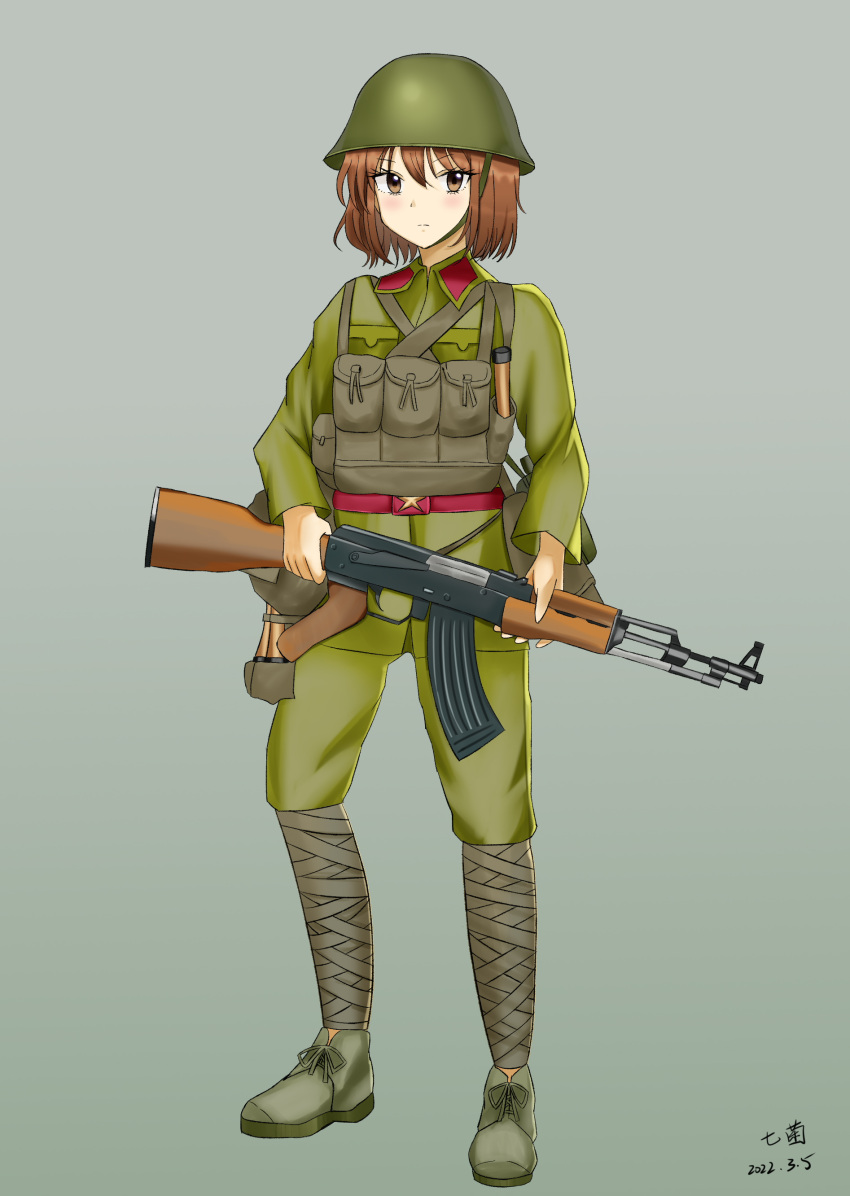 1girl 2022 7kin absurdres ak-47 assault_rifle bandaged_leg bandages brown_eyes brown_hair closed_mouth collared_shirt combat_helmet dated fanny_pack full_body gradient_background green_footwear green_pants green_shirt gun helmet highres holding holding_gun holding_weapon kalashnikov_rifle light_frown long_sleeves looking_at_viewer military military_uniform original pants people's_liberation_army pocket rifle shirt shoes short_hair signature solo standing uniform weapon