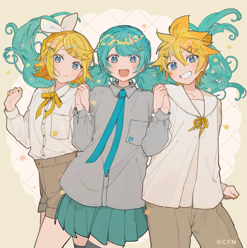 1boy 2girls :d bangs_pinned_back black_thighhighs blonde_hair blue_eyes blue_hair blue_necktie blue_skirt bow breast_pocket closed_mouth collared_shirt cowboy_shot floating_hair grey_pants grey_shirt grey_shorts grin hair_bow hair_ornament hassan_(sink916) hatsune_miku high-waist_shorts highres holding_hands kagamine_len kagamine_rin looking_at_viewer miniskirt multiple_girls nail_polish neck_ribbon necktie open_mouth pants pleated_skirt pocket ribbon sailor_collar shirt shirt_tucked_in short_hair shorts side-by-side sidelocks skirt smile thigh-highs twintails vocaloid white_bow white_sailor_collar white_shirt x_hair_ornament yellow_nails yellow_ribbon zettai_ryouiki