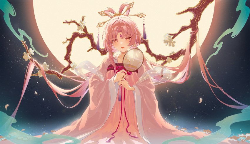 absurdly_long_hair absurdres blush bow-shaped_hair branch chinese_clothes chinese_commentary constellation_print earrings forehead_jewel franhill fu_xuan_(honkai:_star_rail) full_moon hair_flowing_over hair_ornament hairpin hand_fan hanfu highres holding holding_fan honkai:_star_rail honkai_(series) jewelry long_hair looking_at_viewer low_twintails moon night night_sky open_mouth petals pink_eyes pink_hair pink_hanfu red_ribbon ribbon single_earring sky tassel tuanshan twintails very_long_hair