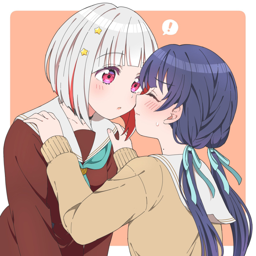 ! 2girls black_choker blue_hair blush bob_cut border brown_cardigan brown_dress cardigan choker closed_eyes closed_mouth collarbone colored_inner_hair commentary dollchestra dress facing_another green_neckerchief hair_ornament hands_on_another's_shoulders hasu_no_sora_school_uniform highres imminent_kiss jenny_(artist) link!_like!_love_live! long_hair long_sleeves looking_at_another love_live! multicolored_hair multiple_girls murano_sayaka neckerchief orange_background outside_border parted_lips pink_hair redhead sailor_collar school_uniform short_hair sidelocks spoken_exclamation_mark star_(symbol) star_hair_ornament streaked_hair twintails upper_body white_border white_sailor_collar winter_uniform yugiri_tsuzuri yuri