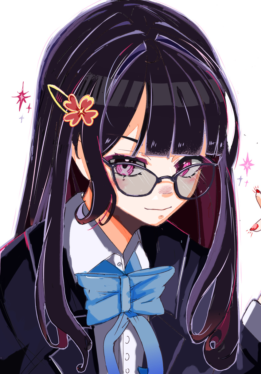 1girl azt_(pixiv_102001529) black_hair black_jacket blazer blush closed_mouth collared_shirt colored_inner_hair commentary english_commentary glasses hair_ornament hairclip highres honkai:_star_rail honkai_(series) index_finger_raised jacket long_hair looking_at_viewer multicolored_hair nail_polish open_clothes open_jacket pink_eyes portrait red_nails redhead school_uniform shirt simple_background smirk solo sparkle sparkle_(honkai:_star_rail) straight_hair white_background white_shirt