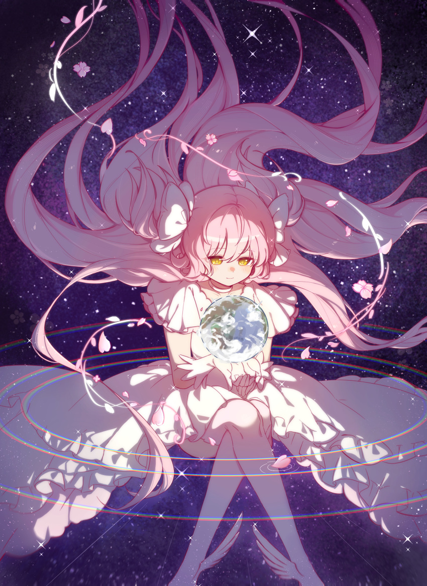 1girl absurdres bow choker commentary dress earth_(planet) feet_out_of_frame floating_hair frilled_dress frills gloves goddess_madoka hair_bow highres invisible_chair kaname_madoka leg_wings long_hair looking_down mahou_shoujo_madoka_magica mahou_shoujo_madoka_magica_(anime) orbital_path pink_hair planet ripples risheng_yueyin short_sleeves sitting sky smile solo space sparkle star_(sky) starry_sky thigh-highs two_side_up very_long_hair white_choker white_dress white_gloves white_thighhighs wings yellow_eyes