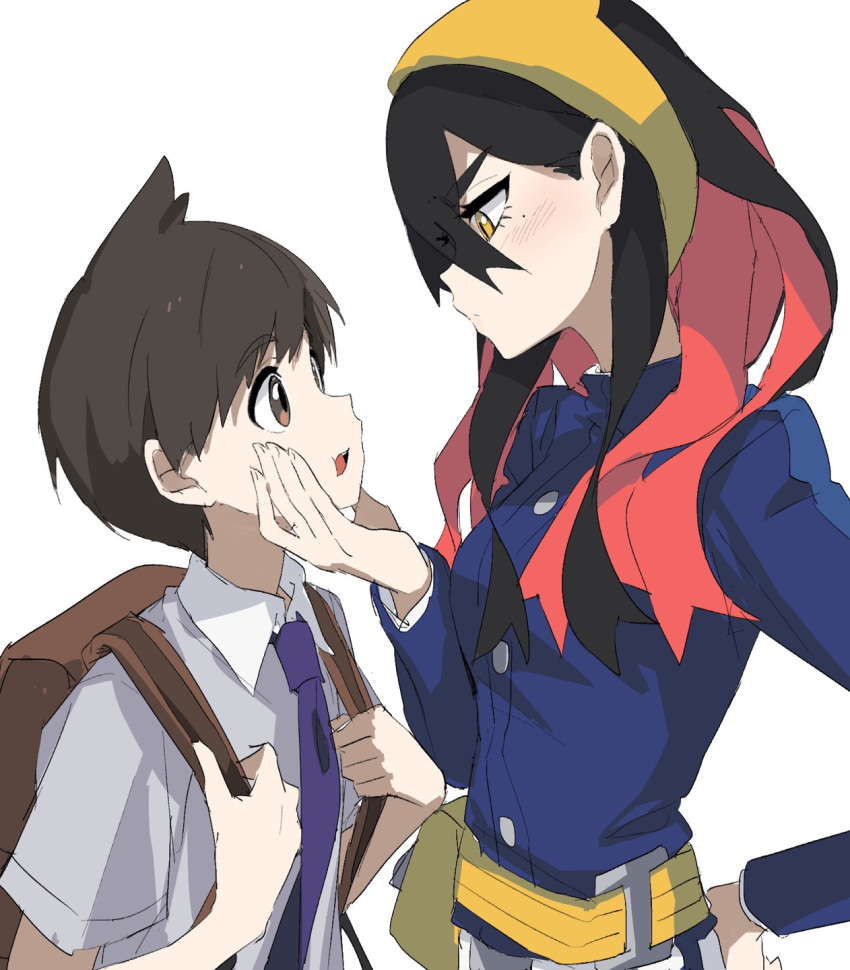 1boy 1girl backpack bag black_hair blue_jacket blush brown_bag brown_eyes brown_hair buttons carmine_(pokemon) collared_shirt fanny_pack florian_(pokemon) from_side hairband hand_on_another's_face hand_on_own_hip highres jacket long_hair long_sleeves looking_at_another necktie open_mouth pokemon pokemon_sv purple_necktie shirt short_hair upper_body wadasada white_background yellow_bag yellow_eyes yellow_hairband