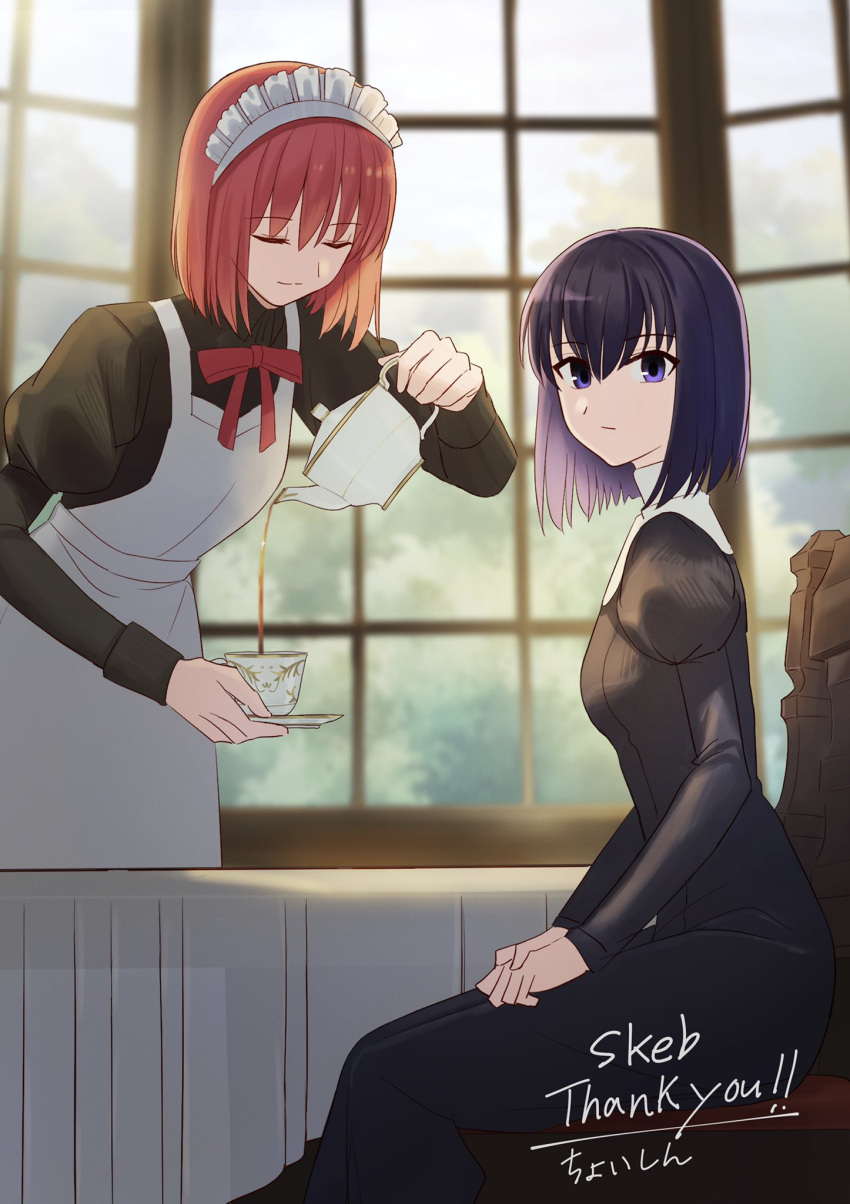 2girls apron black_dress black_hair chair closed_eyes closed_mouth commission crossover cup dress expressionless habit hair_between_eyes highres hisui_(tsukihime) holding holding_cup holding_teapot indoors juliet_sleeves kuonji_alice long_sleeves looking_at_viewer mahou_tsukai_no_yoru maid maid_apron maid_headdress mixed-language_commentary multiple_girls neck_ribbon puffy_sleeves red_ribbon redhead ribbon shintyoi2 short_hair skeb_commission smile table tea teacup teapot thank_you tsukihime violet_eyes white_apron window