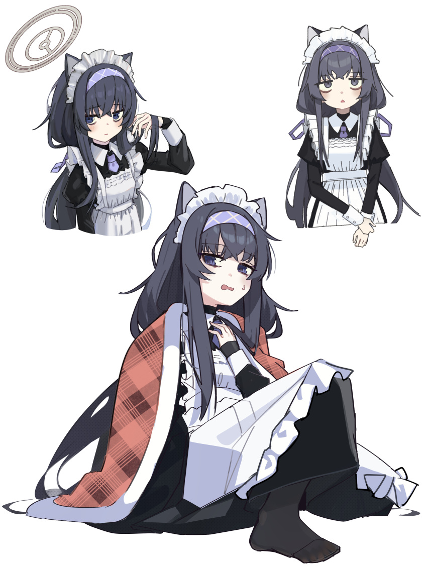 1girl absurdres alternate_costume animal_ears apron black_dress black_hair blue_archive blush cat_ears closed_mouth dress enmaided hair_between_eyes halo highres kilabo long_hair long_sleeves maid maid_apron maid_headdress multiple_views open_mouth simple_background ui_(blue_archive) violet_eyes white_apron white_background