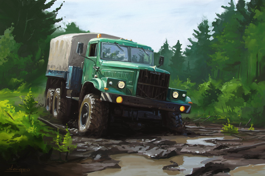 clouds forest grass highres kraz military_truck military_vehicle motor_vehicle mud nature no_humans original outdoors sergey_orlyansky sky truck vehicle_focus vehicle_request water