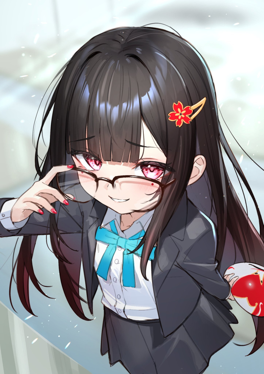 1girl adjusting_eyewear black-framed_eyewear black_hair black_jacket black_skirt blue_bow blurry blurry_background blush bow brown_hair collared_shirt commentary_request depth_of_field dress_shirt glasses gradient_hair hair_ornament hairclip hand_up highres holding holding_mask honkai:_star_rail honkai_(series) jacket long_hair looking_at_viewer mask multicolored_hair nail_polish open_clothes open_jacket over-kneehighs pleated_skirt red_eyes red_nails school_uniform shirt skirt smile solo sparkle_(honkai:_star_rail) thigh-highs tsukiman unworn_mask very_long_hair white_shirt