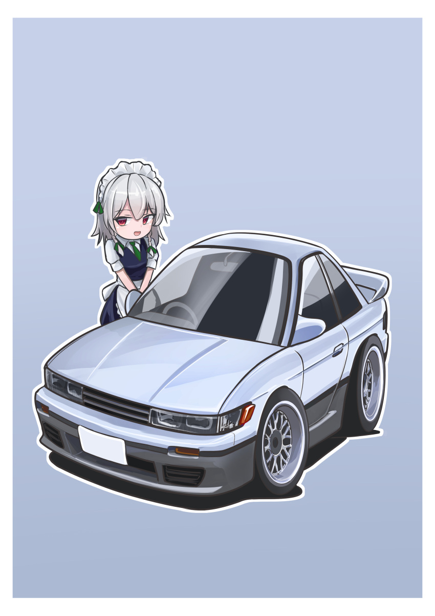 1girl 3books absurdres blue_background blue_dress car collared_shirt deformed dress grey_hair hair_between_eyes highres izayoi_sakuya looking_to_the_side maid maid_headdress medium_hair motor_vehicle nissan nissan_s13_silvia nissan_silvia open_mouth red_eyes shadow shirt smile solo spoiler_(automobile) touhou vehicle_focus white_shirt