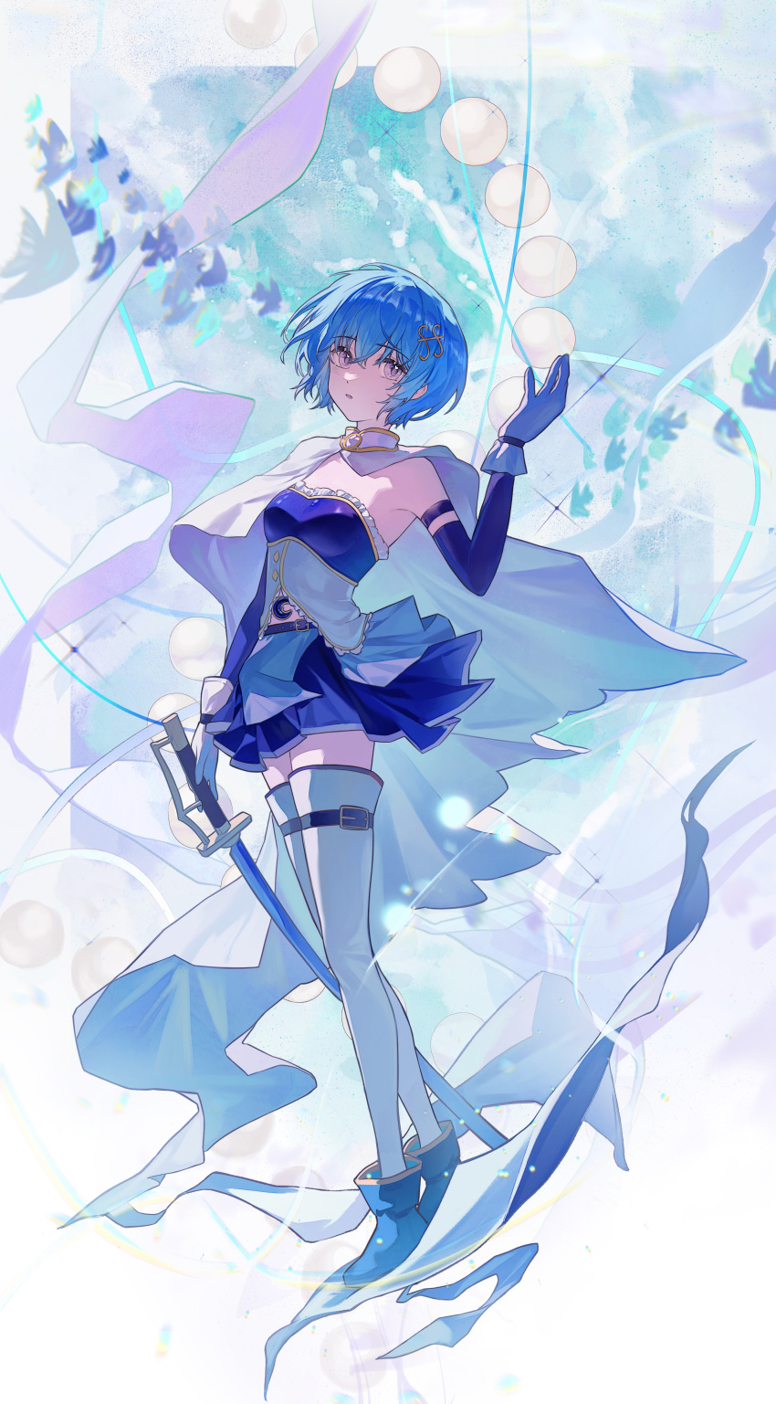 1girl absurdres bare_shoulders blue_eyes blue_footwear blue_hair blue_skirt boots cape detached_sleeves fish fortissimo gloves hair_ornament highres holding holding_sword holding_weapon magical_girl mahou_shoujo_madoka_magica mahou_shoujo_madoka_magica_(anime) miki_sayaka musical_note musical_note_hair_ornament short_hair skirt soul_gem strapless sword thigh-highs weapon white_cape white_gloves zutto_(dfvn7377)