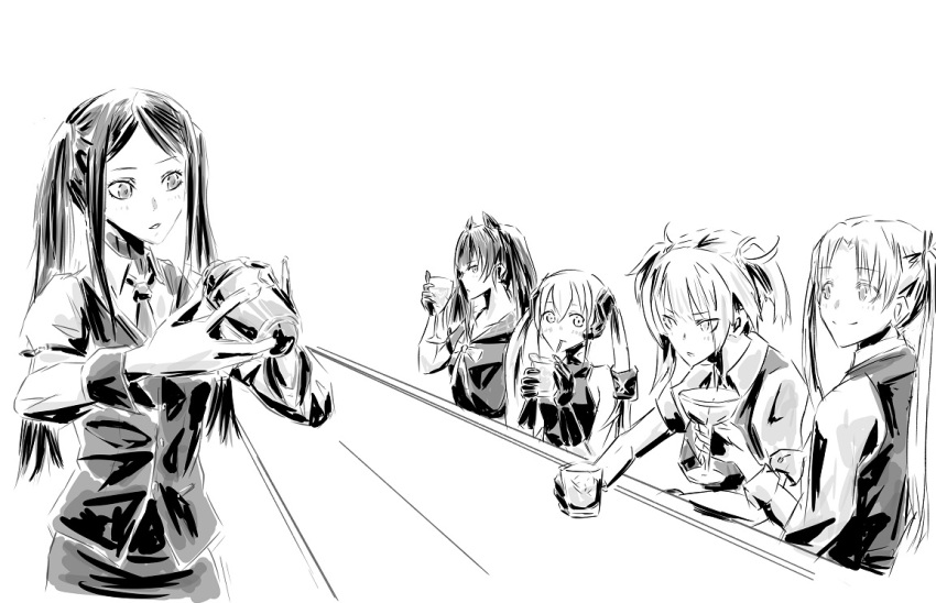 5girls bar_(place) bartender chika_(keiin) cocktail_shaker crossover cup destroyer_(girls'_frontline) drink drinking drinking_glass drinking_straw girls_frontline greyscale gunslinger_girl holding holding_cup jill_stingray monochrome multiple_crossover multiple_girls necktie ouroboros_(girls'_frontline) trait_connection triela twintails va-11_hall-a welrod_mkii_(girls'_frontline) wine_glass