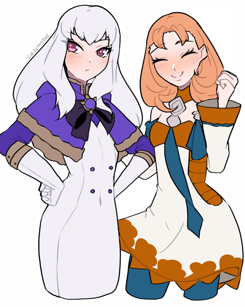 2girls alternate_costume annette_fantine_dominic annette_fantine_dominic_(cosplay) cosplay costume_switch fire_emblem fire_emblem:_three_houses hands_on_own_hips happy highres looking_to_the_side lysithea_von_ordelia lysithea_von_ordelia_(cosplay) multiple_girls orange_hair pink_eyes smile smkittykat white_hair