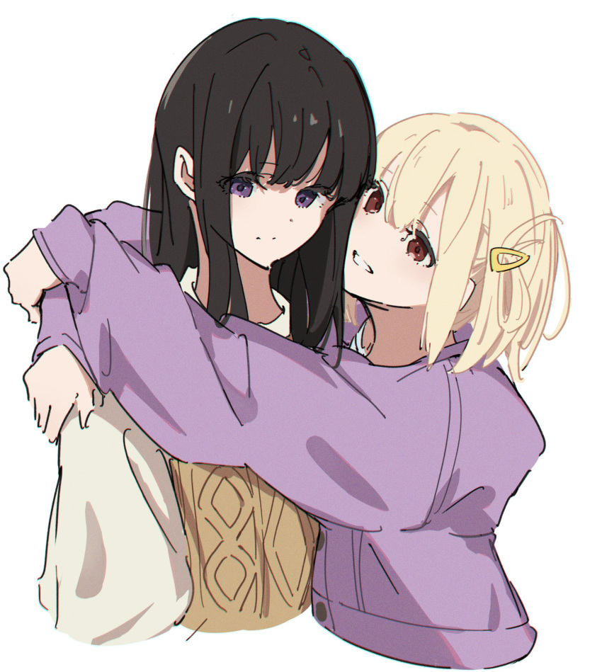 2girls arms_around_neck atenaba black_hair blonde_hair brown_sweater_vest chromatic_aberration closed_mouth commentary_request cropped_torso hair_ornament hairclip highres hug inoue_takina long_hair long_sleeves looking_at_viewer lycoris_recoil medium_hair multiple_girls nishikigi_chisato one_side_up parted_lips purple_sweater red_eyes simple_background smile sweater sweater_vest upper_body violet_eyes white_background white_sweater