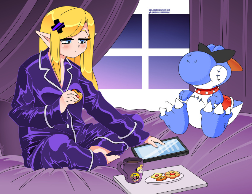 1girl absurdres barefoot bed blue_eyes boshi_(super_mario_rpg) breasts buttons canopy_bed character_doll collar cookie cup eating food hair_down hair_ornament hairclip half-closed_eyes highres holding holding_cookie holding_food indian_style light_blush long_hair long_sleeves mario_power_tennis mario_tennis mug nico-neko on_bed pajamas pointy_ears purple_curtains purple_pajamas sitting small_breasts solo spiked_collar spikes stitches stuffed_animal stuffed_toy sunglasses super_mario_bros. super_mario_rpg swept_bangs tablet_pc text_messaging warupeach window x_hair_ornament