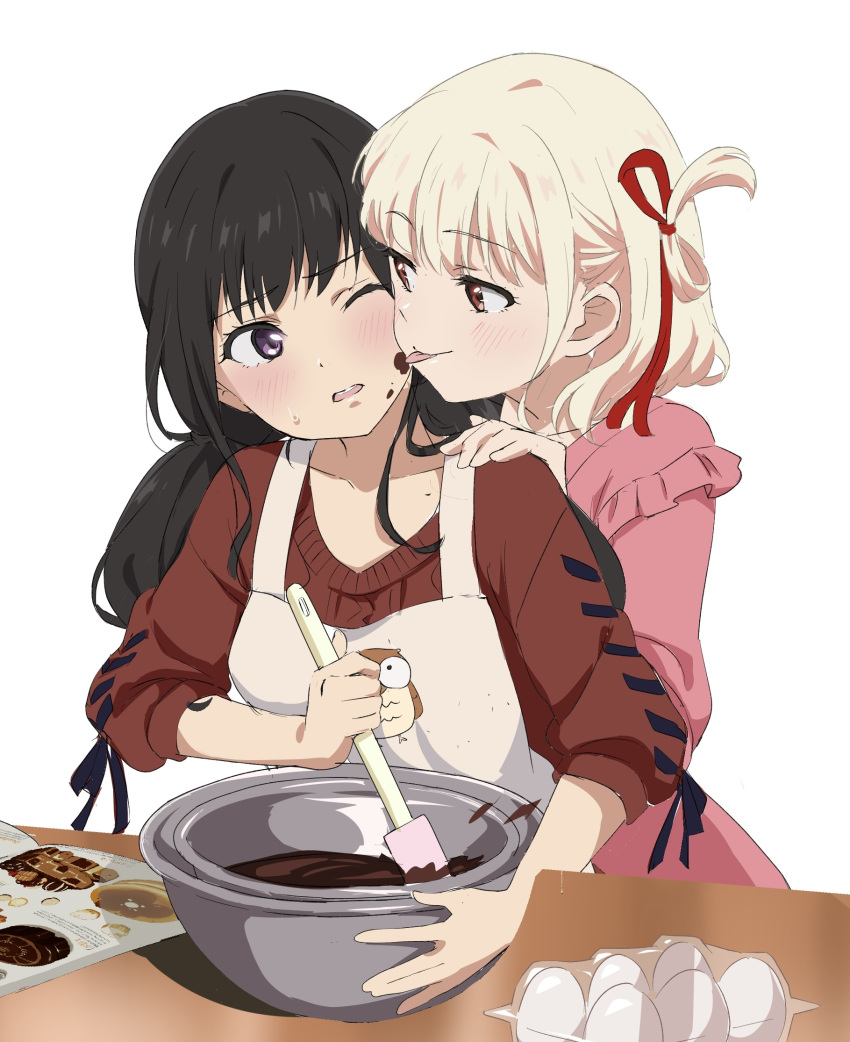 2girls apron black_hair blonde_hair blush bowl chocolate chocolate_making collarbone food food_on_face frilled_shirt frills hair_ribbon highres holding holding_spatula inoue_takina licking licking_another's_cheek licking_another's_face long_hair low_twintails lycoris_recoil multiple_girls nishikigi_chisato one_eye_closed one_side_up open_mouth or2_(sahr7857) pink_shirt red_eyes red_ribbon red_sweater ribbon shirt short_hair simple_background sleeves_past_elbows spatula sweatdrop sweater tongue tongue_out twintails valentine violet_eyes white_apron white_background yuri