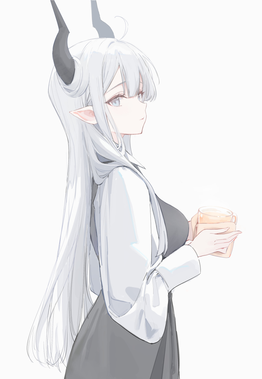 1girl absurdres ahoge black_horns black_skirt blue_eyes breasts closed_mouth cowboy_shot cup demon_girl demon_horns dress drink from_side grey_hair hair_on_horn highres holding holding_cup holding_drink horns long_bangs long_hair long_skirt long_sleeves looking_at_viewer nekojira original pointy_ears shirt sideways_glance simple_background skirt smile solo straight_hair thea_(nekojira) very_long_hair white_background white_hair white_shirt