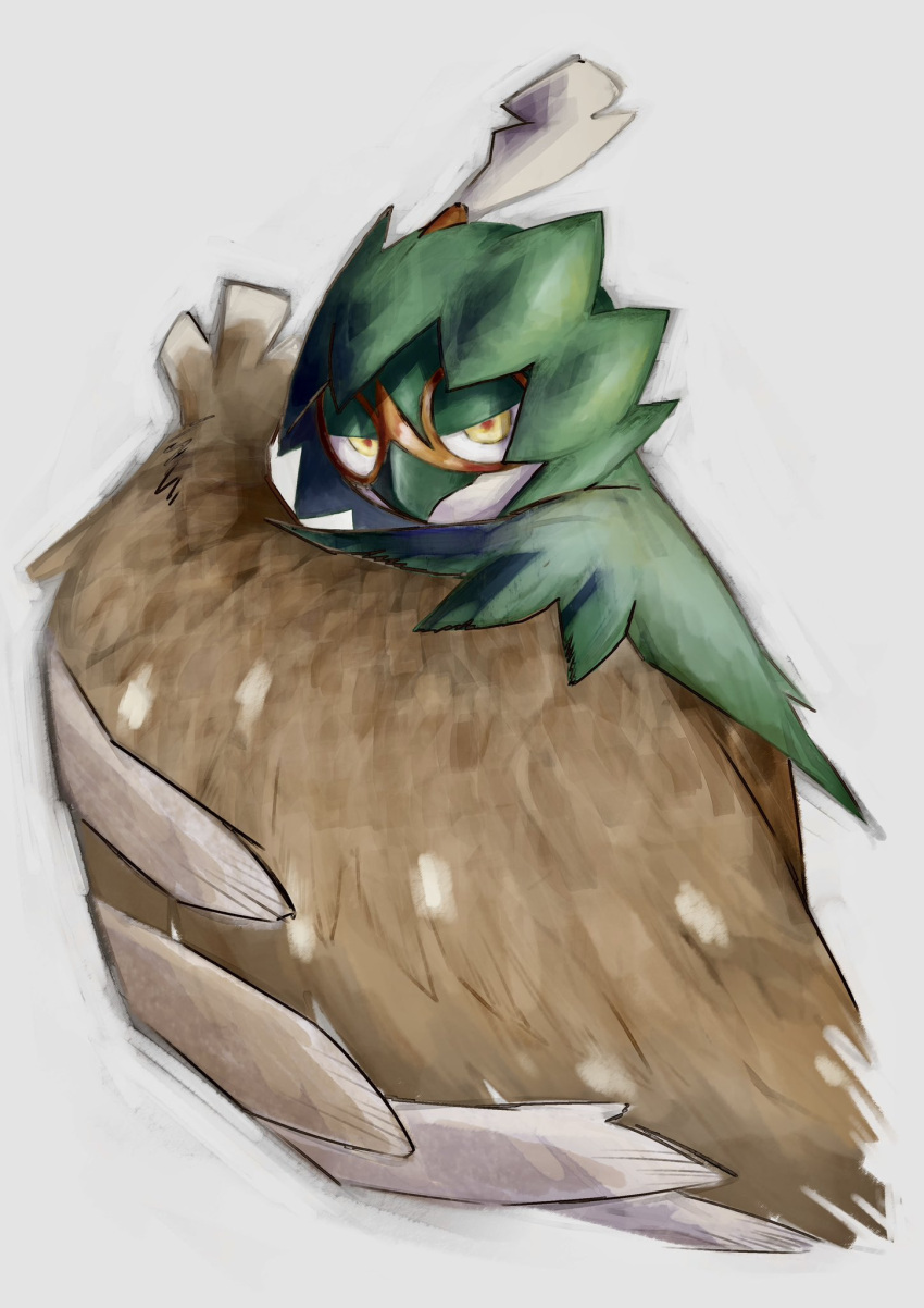 closed_mouth commentary_request decidueye full_body grey_background half-closed_eyes hand_up highres looking_at_viewer pkpokopoko3 pokemon pokemon_(creature) red_pupils solo yellow_eyes