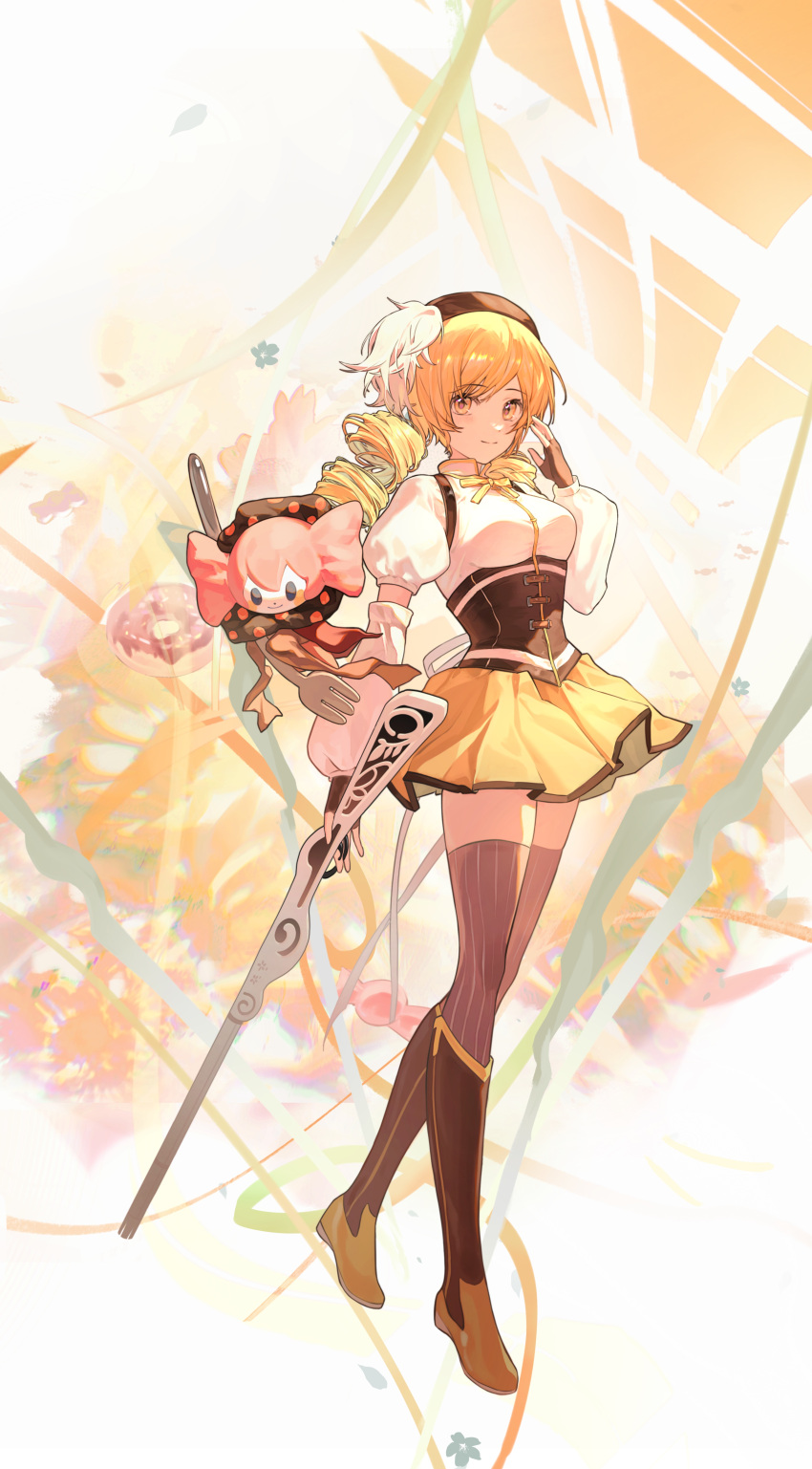 absurdres beret blonde_hair boots breasts charlotte_(madoka_magica) corset drill_hair fingerless_gloves fork gloves gun hat highres holding holding_weapon knee_boots looking_at_viewer magical_girl magical_musket mahou_shoujo_madoka_magica mahou_shoujo_madoka_magica_(anime) medium_breasts miniskirt neck_ribbon pleated_skirt ribbon rifle short_hair skirt smile striped_clothes striped_thighhighs thigh-highs thighhighs_under_boots tomoe_mami twin_drills vertical-striped_clothes vertical-striped_thighhighs weapon witch_(madoka_magica) yellow_eyes yellow_ribbon yellow_skirt zutto_(dfvn7377)