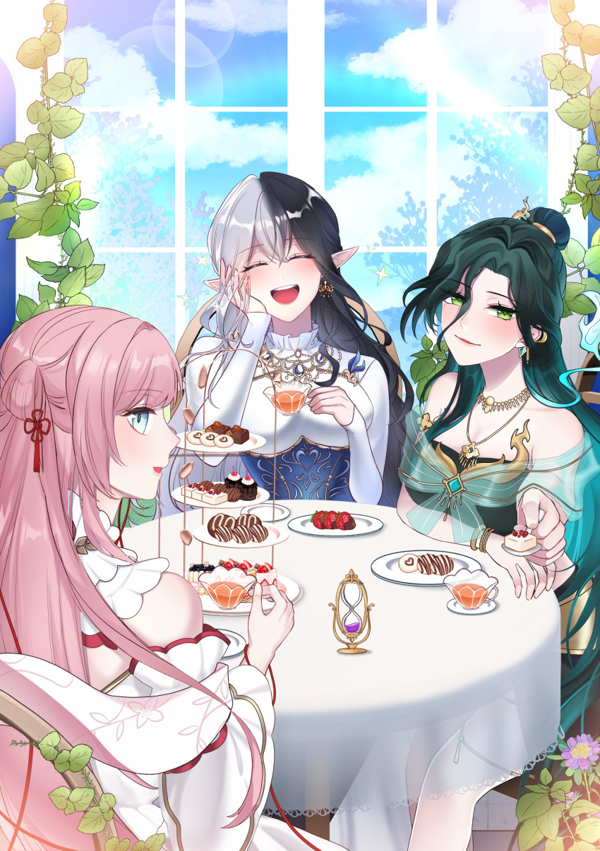3girls absurdres algorhythm_project black_hair blue_eyes breasts cup desk dress earrings effy_(algorhythm_project) eileennoir evalia_(algorhythm_project) food gradient_hair green_eyes green_hair grey_hair highres holding holding_cup iiazazel jewelry long_hair long_sleeves medium_breasts multicolored_hair multiple_girls open_mouth pink_hair plate shen_yue_(algorhythm_project) thai_clothes two-tone_hair virtual_youtuber white_dress