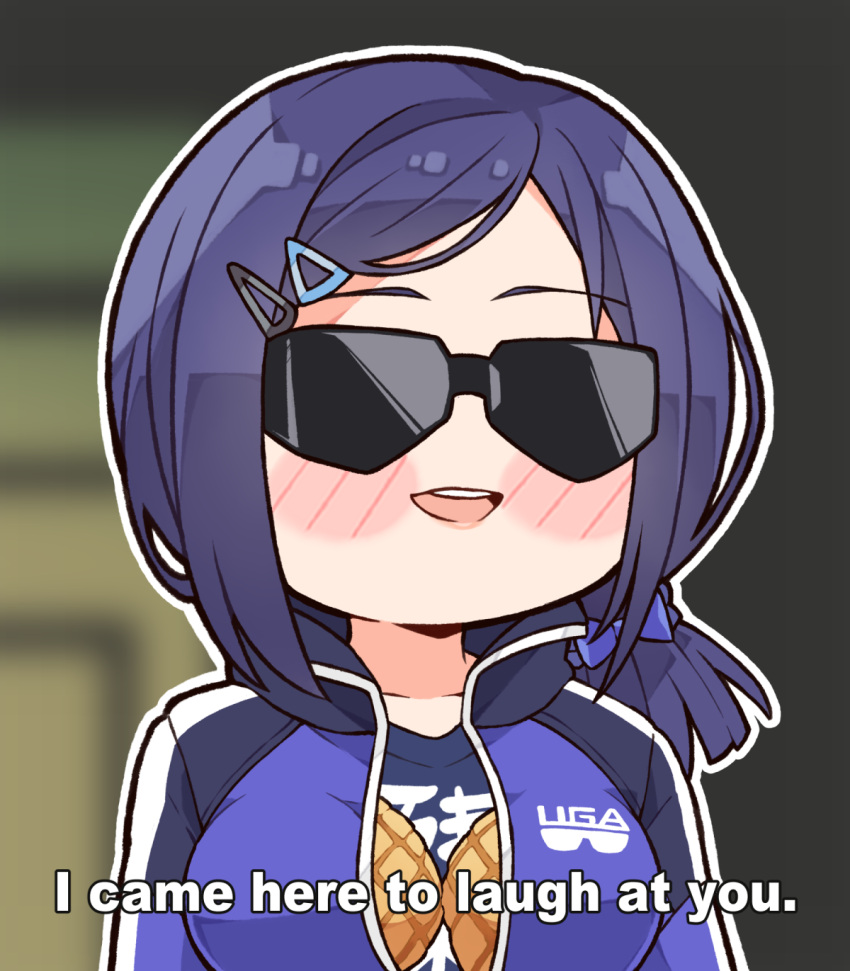 1girl a-chan_(3rd_costume)_(hololive) a-chan_(hololive) blue_hair blush_stickers bread breast_padding english_text food gundam hair_ornament hairclip highres hololive i_came_here_to_laugh_at_you_(meme) jacket kukie-nyan low_ponytail medium_hair melon_bread meme official_alternate_costume official_alternate_hairstyle open_mouth print_jacket print_shirt purple_jacket purple_shirt shirt short_ponytail smile solo sunglasses swept_bangs teeth track_jacket upper_body upper_teeth_only virtual_youtuber zeta_gundam
