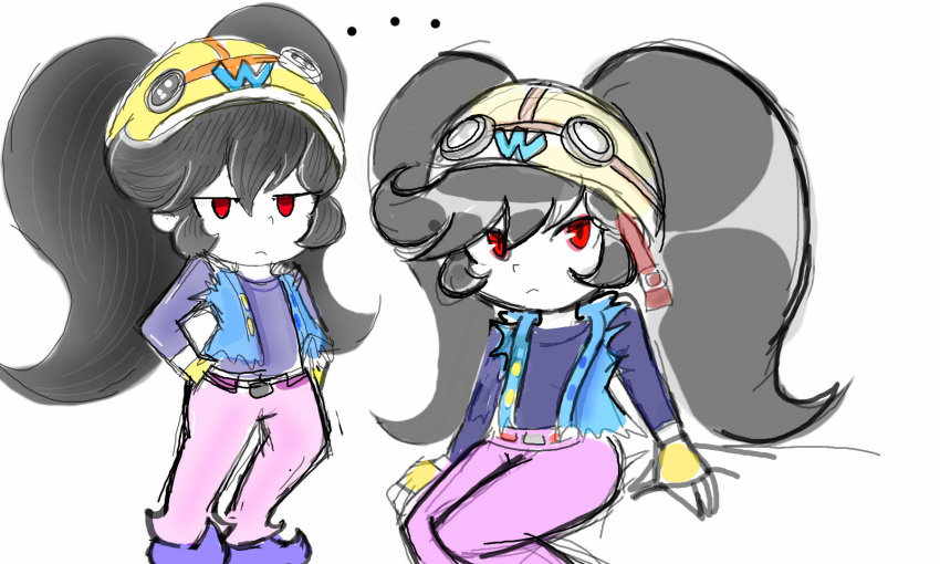 1girl artist_request ashley_(warioware) black_hair frown hat long_sleeves looking_to_the_side multiple_girls multiple_persona red_eyes tagme twintails wario_(cosplay) warioware white_background