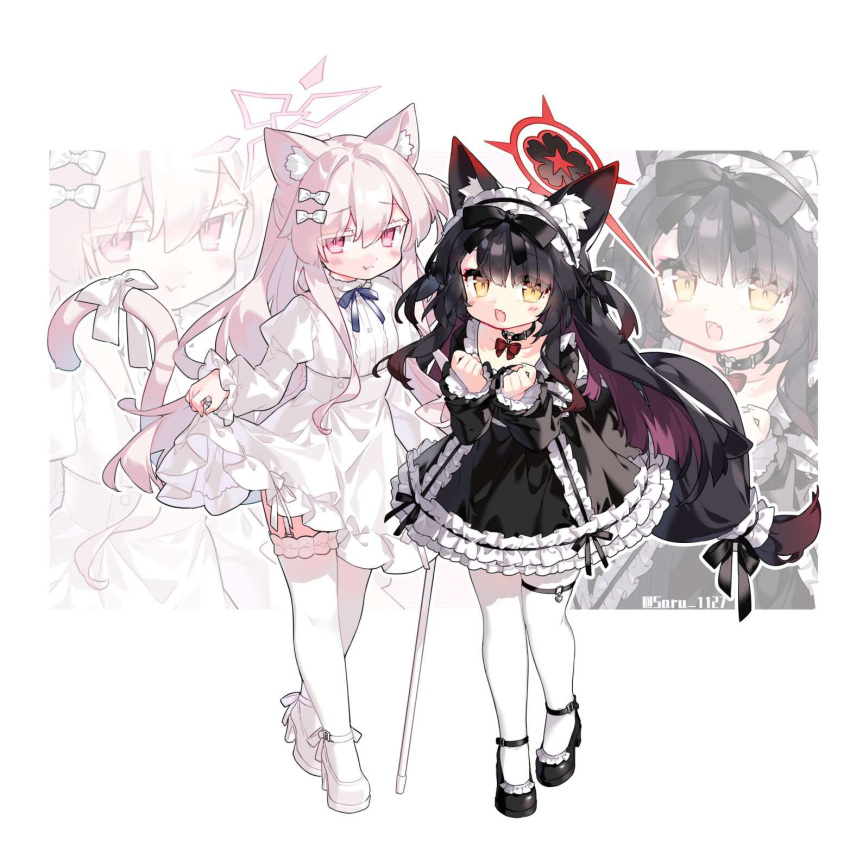 2girls akira_(blue_archive) animal_ear_fluff animal_ears black_dress black_footwear black_hair blue_archive blush cat_ears cat_tail closed_mouth dress fox_ears fox_tail gothic_lolita halo highres lolita_fashion long_hair long_sleeves multiple_girls open_mouth pantyhose pink_halo red_eyes red_halo saru shoes smile tail thigh-highs wakamo_(blue_archive) white_dress white_footwear white_hair white_pantyhose white_thighhighs yellow_eyes zoom_layer