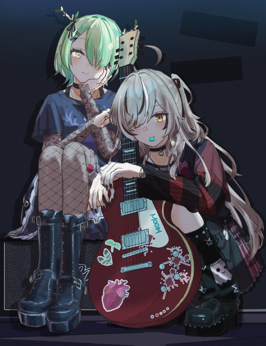 2girls absurdres ahoge antler_ribbon antlers belt belt_chain black_background black_choker black_leg_warmers black_nails black_shirt black_skirt black_sweater boots brown_eyes brown_hair ceres_fauna ceres_fauna_(4th_costume) choker electric_guitar emo_fashion feathers fishnets friend_(nanashi_mumei) goth_fashion green_hair guitar hair_over_one_eye hand_on_own_face heart heart_(organ) heart_choker heart_o-ring highres holding holding_guitar holding_instrument hololive hololive_english horns huge_ahoge instrument lace-trimmed_choker lace_sleeves lace_trim long_hair looking_at_viewer mole mole_under_eye multicolored_hair multiple_girls nanashi_mumei nanashi_mumei_(4th_costume) o-ring o-ring_choker official_alternate_costume official_alternate_hairstyle one_side_up platform_boots platform_footwear pleated_skirt plectrum red_sweater sapling shirt short_hair skirt smile splatter sticker streaked_hair striped_clothes striped_sweater sweater sweater_under_shirt sytiny t-shirt torn_clothes torn_sweater tree_horns two-tone_sweater very_long_hair virtual_youtuber yellow_eyes