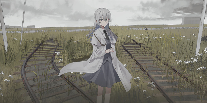 1girl absurdres black_necktie blue_eyes chihuri closed_mouth clouds cloudy_sky collared_shirt commentary_request ende_(chihuri) feet_out_of_frame flower grass grey_hair grey_skirt grey_vest hair_between_eyes highres jacket long_hair long_sleeves looking_at_viewer necktie open_clothes open_jacket original outdoors railroad_tracks shirt skirt sky smile solo standing vest white_flower white_jacket white_shirt
