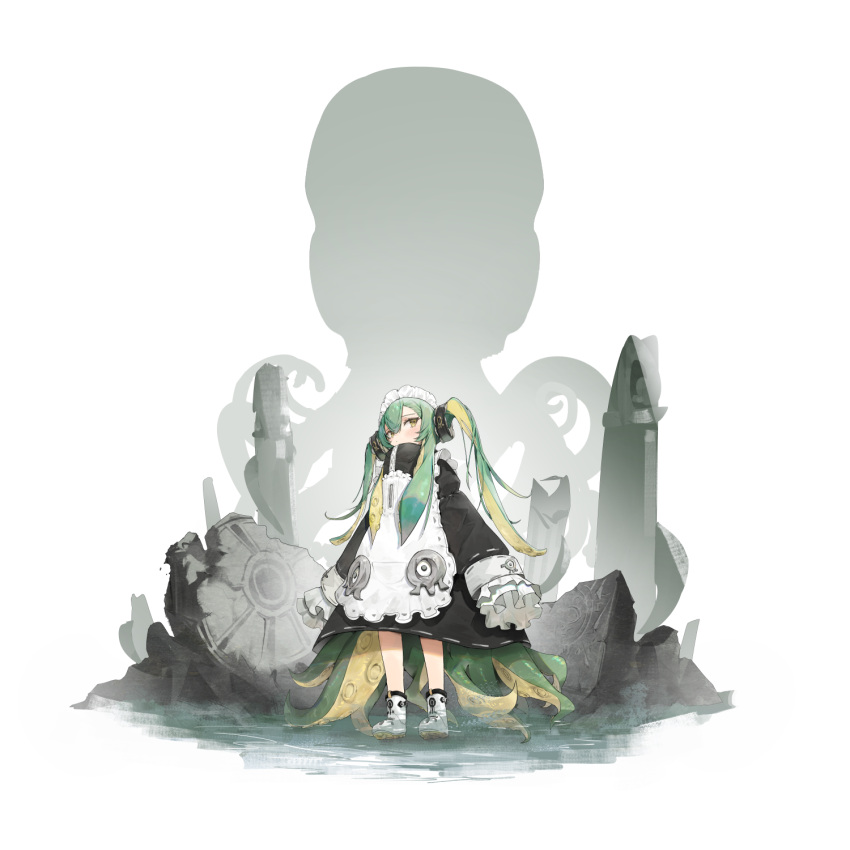 1girl apron arms_at_sides bare_legs black_dress blonde_hair boots closed_mouth colored_inner_hair dd9 dress eldritch_abomination frilled_sleeves frills full_body green_hair hair_between_eyes head_tilt highres long_hair long_sleeves looking_at_viewer maid maid_apron maid_headdress monster_girl multicolored_hair octopus original ribbon-trimmed_dress ruins sleeves_past_fingers sleeves_past_wrists solo standing tentacle_hair tentacles twintails two-tone_hair white_apron white_footwear wide_sleeves