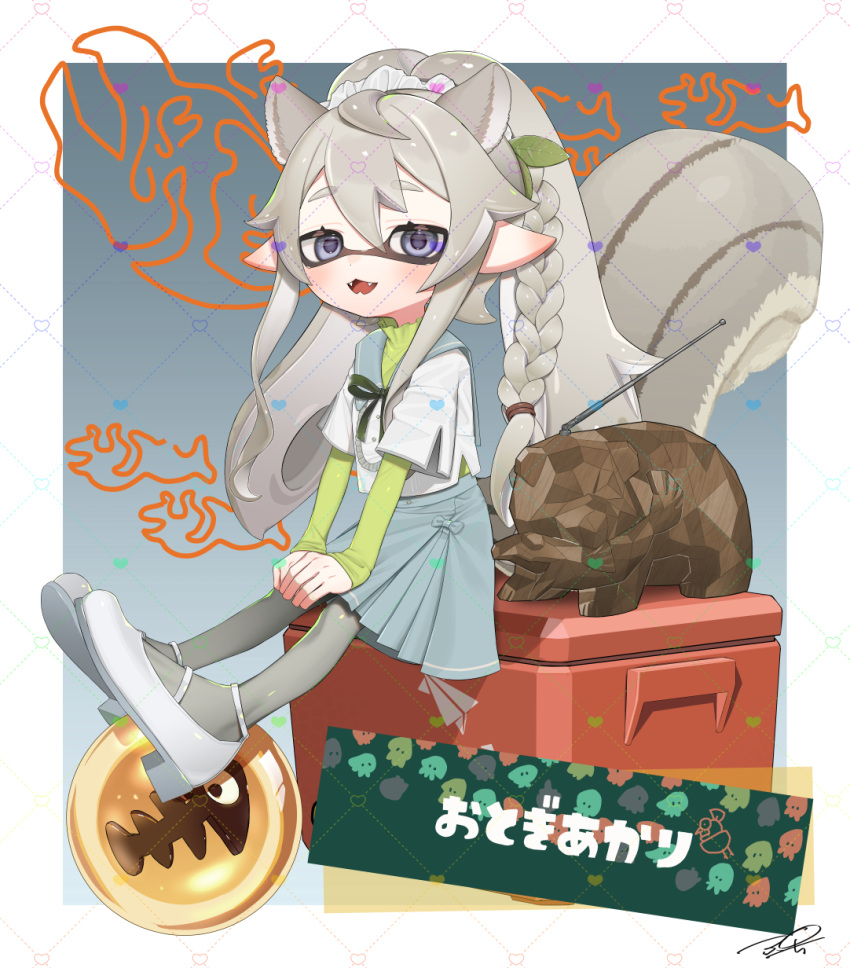 1girl animal_ear_fluff animal_ears border braid commentary commission eyelashes fish_skeleton full_body golden_egg gradient_background grey_background grey_hair grey_skirt hair_between_eyes highres inkling inkling_girl inkling_player_character long_hair looking_at_viewer mr._grizz_(splatoon) open_mouth outside_border pantyhose pleated_skirt pointy_ears puchiman salmon_run_(splatoon) side_braid simple_background single_braid sitting skirt smile splashtag_(splatoon) splatoon_(series) splatoon_3 squirrel_ears squirrel_girl squirrel_tail tail teeth tentacle_hair translation_request two_side_up violet_eyes white_border white_footwear