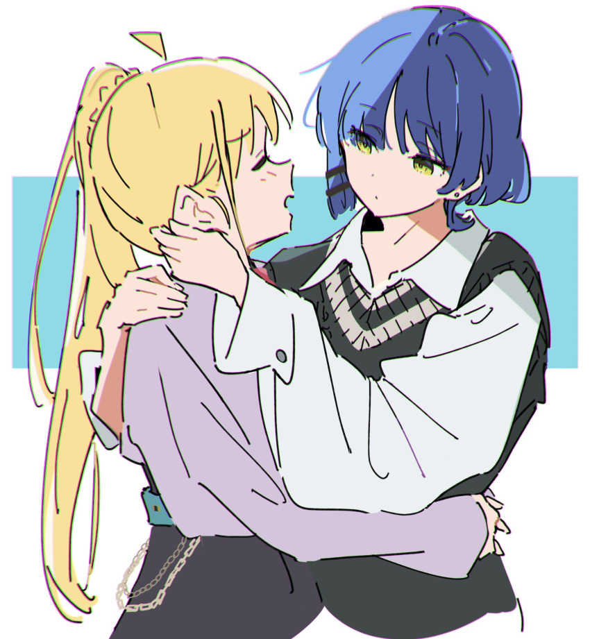 2girls ahoge asymmetrical_hair atenaba belt belt_chain black_skirt black_sweater_vest blonde_hair blue_background blue_hair blush bocchi_the_rock! chromatic_aberration closed_eyes closed_mouth collared_shirt earrings hair_ornament hairclip hand_on_another's_neck hand_on_another's_shoulder hand_on_another's_waist highres hug ijichi_nijika jewelry long_hair long_sleeves multiple_girls open_mouth purple_shirt shirt short_hair side_ponytail skirt sleeves_past_wrists stud_earrings sweater_vest two-tone_background white_background white_shirt yamada_ryo yellow_eyes yuri