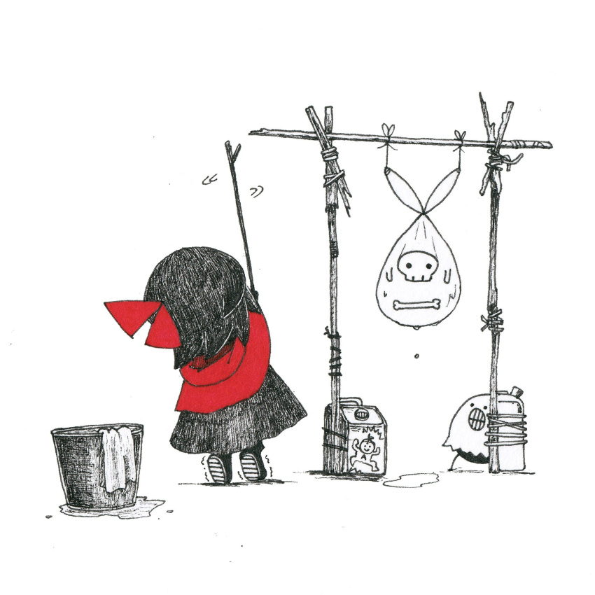 1girl ballpoint_pen_(medium) boots bucket capelet commentary_request creature dress dripping drying facing_away from_behind gas_can greyscale hair_ribbon hanging highres hino_(yatara) holding holding_stick hood hood_down hooded_capelet laundry_pole mask moni_moni_skeleton_(yatara) monochrome original puddle red_capelet red_ribbon ribbon simple_background skull_mask solo spot_color stick tiptoes towel traditional_media trembling yatara