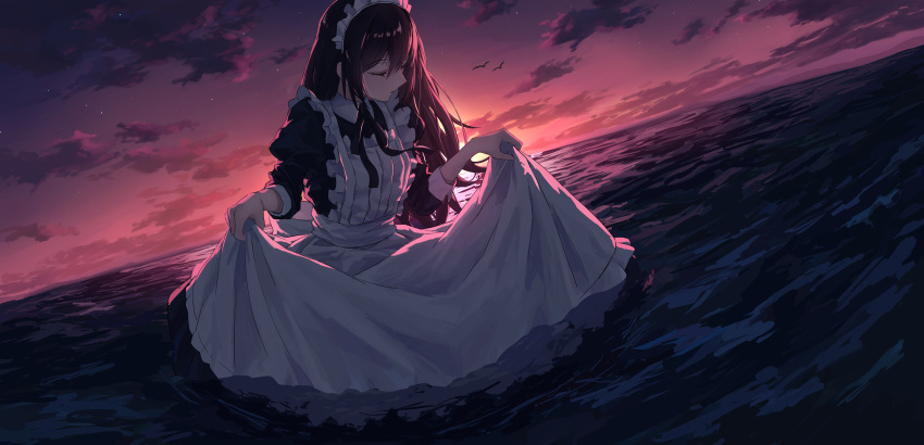 1girl absurdres apron bird black_hair closed_eyes clouds dress dusk dutch_angle frilled_apron frilled_dress frilled_headband frills highres horizon long_dress long_hair maid maid_apron maid_headdress muginosa ocean original outdoors skirt_hold sky solo standing sunset twilight very_long_hair wading water