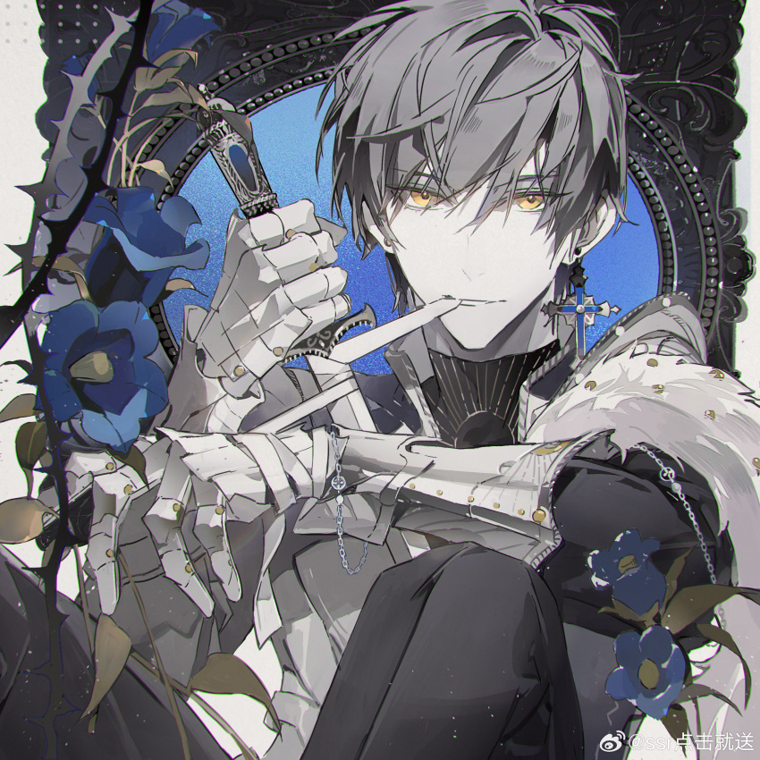 1boy absurdres armor bai_qi_(love_and_producer) bandages blue_flower breastplate cape chain closed_mouth cross cross_earrings earrings feet_out_of_frame flower fur-trimmed_cape fur_trim gauntlets greyscale hair_between_eyes highres holding holding_sword holding_weapon jewelry knees_up leaf light_particles looking_at_viewer love_and_producer male_focus monochrome mouth_hold official_art pants parted_lips pauldrons reverse_grip shirt short_hair shoulder_armor side_cape single_earring smile solo spot_color ssr_dianji_jiu_song sword throne turtleneck weapon weibo_logo weibo_username yellow_eyes