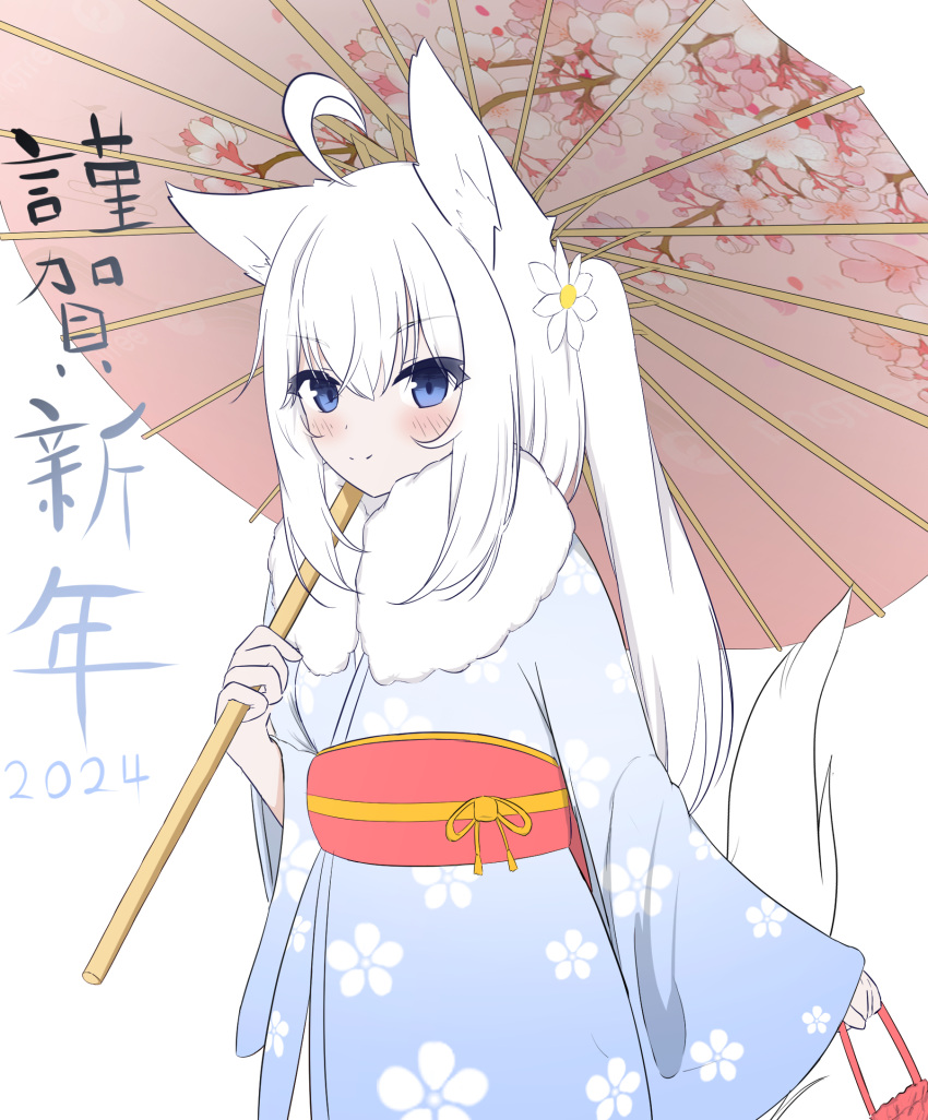 &gt;:) 1girl 2024 ahoge animal_ear_fluff animal_ears blue_kimono blush closed_mouth commentary_request floral_print flower fox_ears fox_girl fox_tail hair_flower hair_ornament highres holding holding_umbrella japanese_clothes kimono kuronagi_(mitora_uwu) long_hair long_sleeves looking_at_viewer obi oil-paper_umbrella original pink_umbrella ponytail print_kimono print_umbrella sash simple_background smile solo tail translation_request umbrella v-shaped_eyebrows very_long_hair white_background white_flower white_hair wide_sleeves