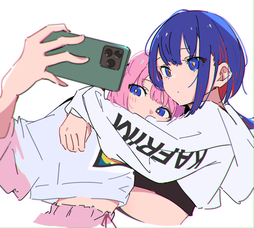 2girls arms_around_neck atenaba blue_eyes blue_hair cellphone closed_mouth colored_inner_hair cropped_hoodie hand_on_another's_shoulder highres holding holding_phone hood hood_down hoodie hug kaf_(kamitsubaki_studio) kamitsubaki_studio midriff multicolored_clothes multicolored_hair multicolored_hoodie multiple_girls pants phone pink_hair pink_hoodie pink_pants redhead rim_(kamitsubaki_studio) selfie simple_background smartphone taking_picture white_background white_hoodie yellow_pupils yuri