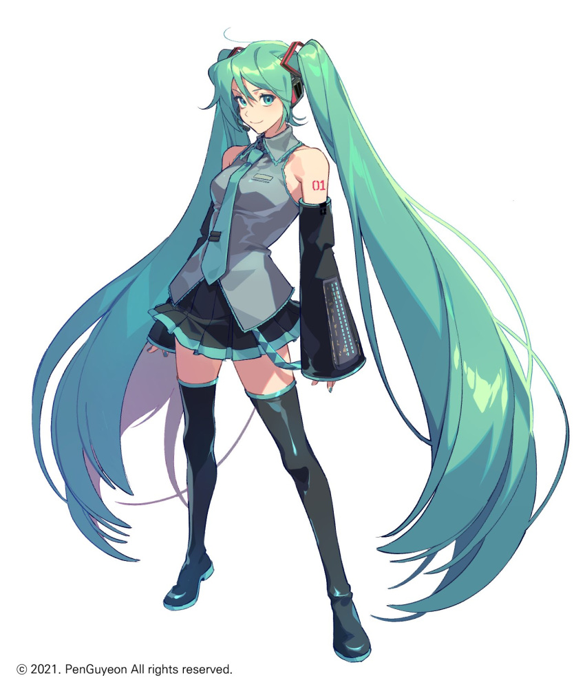 1girl 2021 aqua_necktie arm_tattoo arms_at_sides artist_name bare_shoulders black_footwear black_skirt black_sleeves boots breasts closed_mouth copyright_notice detached_sleeves frilled_shirt_collar frills full_body green_eyes green_hair grey_shirt hair_ornament hatsune_miku highres korean_commentary long_hair long_sleeves looking_at_viewer necktie number_tattoo penguyeon shirt simple_background skirt sleeveless sleeveless_shirt small_breasts smile standing tachi-e tattoo thigh_boots twintails very_long_hair vocaloid white_background zettai_ryouiki