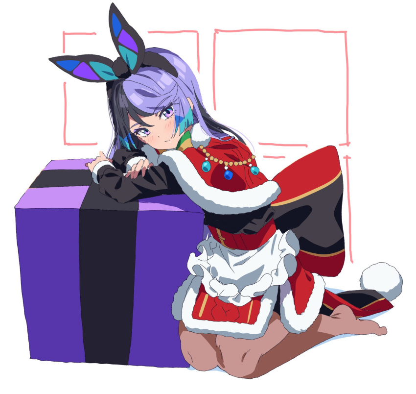 1girl animal_ears black_hair black_hairband black_shirt box brown_pantyhose capelet carron_(waccha_primagi!) christmas closed_mouth commentary_request dolldolldd full_body fur-trimmed_capelet fur_trim gift gift_box hairband highres korean_commentary leaning_on_object long_hair long_sleeves looking_at_viewer multicolored_hair no_shoes pantyhose pretty_series purple_hair rabbit_ears red_capelet red_skirt santa_costume shirt sitting skirt smile solo very_long_hair violet_eyes waccha_primagi!