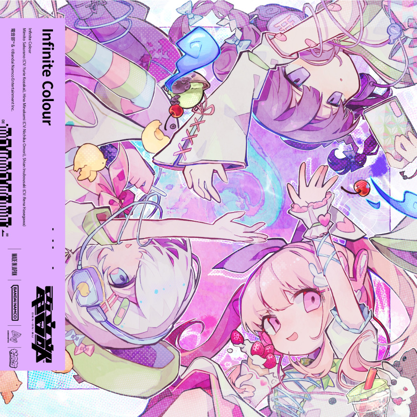 3girls album_cover arm_up bandaid bandaid_on_arm blue_eyes bow braid cherry circle_formation cover crepe cup denonbu detached_sleeves disposable_cup double_bun food fruit grey_hair hair_bow hair_bun hair_ornament hair_over_one_eye headphones highres holding holding_food holding_phone inubousaki_shian long_hair long_sleeves looking_at_viewer minakami_hina multiple_girls neckerchief official_alternate_costume official_art open_mouth outstretched_arm phone pink_eyes pink_hair pink_neckerchief puffy_short_sleeves puffy_sleeves purple_hair rabbit_hair_ornament sakurano_mimito second-party_source short_hair short_sleeves smile song_name soresaki strawberry twin_braids twintails upside-down violet_eyes wide_sleeves wrist_cuffs