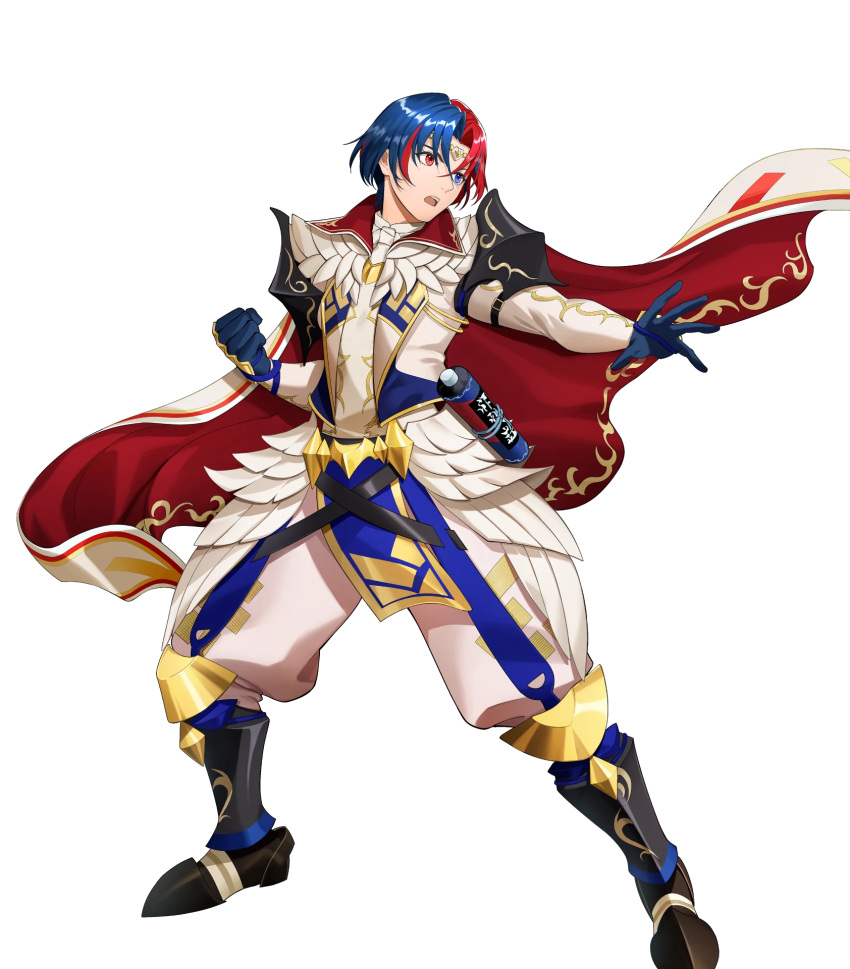 1boy alear_(engaging_fire)_(fire_emblem) attack black_footwear blue_eyes blue_gloves blue_hair cape circlet clenched_hand fire_emblem fire_emblem_engage gloves gold_trim heterochromia highres mikurou_(nayuta) multicolored_cape multicolored_clothes non-web_source official_alternate_costume open_mouth pelvic_curtain red_cape red_eyes redhead scroll solo upper_body white_cape