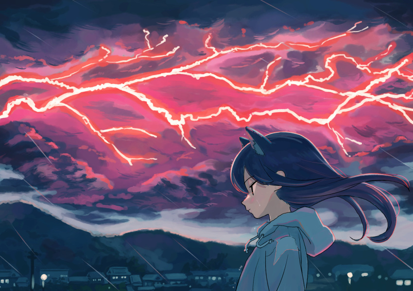 1girl animal_ears black_cloud black_hair cat_ears city_lights clouds cloudy_sky commentary_request expressionless floating_hair highres hood hoodie lightning long_hair looking_to_the_side mountain mountainous_horizon nerio_(neri_akira) original outdoors profile purple_sky rain red_lightning scenery sky solo standing twilight utility_pole wind