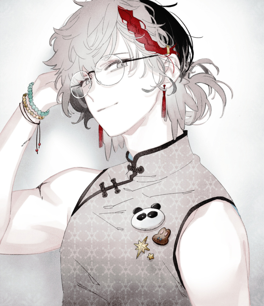 1boy alternate_costume alternate_hairstyle arknights bead_bracelet beads bespectacled black_hair bracelet braid braided_sidelock chinese_clothes commentary earrings elysium_(arknights) feather_hair futaba_(futaba_uc) glasses gradient_background grey_background grey_eyes hair_up highres jewelry lapel_pin looking_at_viewer male_focus multicolored_hair multiple_braids redhead simple_background smile solo tassel tassel_earrings white_hair