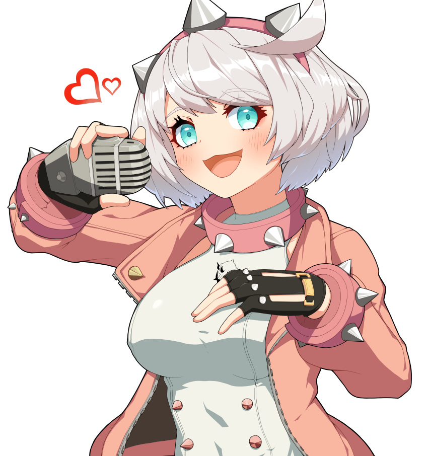 1girl :d absurdres black_gloves blue_eyes blush breasts brown_jacket collar commentary_request elphelt_valentine fingerless_gloves gloves grey_hair grey_shirt guilty_gear guilty_gear_strive hand_up heart highres holding holding_microphone jacket korean_commentary long_sleeves looking_at_viewer medium_breasts microphone open_clothes open_jacket pink_collar shirt simple_background smile solo spiked_collar spikes sprout_(haji_s) upper_body white_background