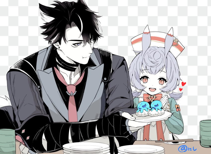 1boy 1girl :d :t animal_ears apron bandaged_arm bandages black_hair black_shirt bow bowtie brown_eyes checkered_background child chopsticks collared_shirt cup eating fingernails food genshin_impact giving gloves hair_ornament heart highres holding holding_food holding_plate long_sleeves low_twintails medium_hair muted_color necktie open_mouth palms_together plate pom_pom_(clothes) pom_pom_hair_ornament purple_hair red_bow red_bowtie red_necktie rice shirt short_twintails sigewinne_(genshin_impact) simple_background smile sushi table tanuki_nishi teeth twintails upper_body upper_teeth_only violet_eyes white_apron white_gloves wriothesley_(genshin_impact) yunomi