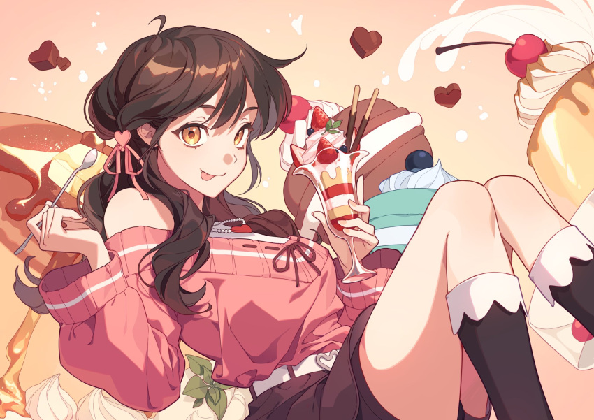 1girl :p bare_legs bare_shoulders belt black_socks brown_hair brown_skirt butter candy cherry chocolate clip_studio_paint_(medium) closed_mouth cookie cup food fruit hair_ornament hair_ribbon hand_up heart heart-shaped_chocolate heart_belt heart_hair_ornament highres holding holding_cup kneehighs korean_commentary leaf legs long_hair long_sleeves looking_at_viewer maple_syrup off-shoulder_shirt off_shoulder orange_background original pancake parfait penguyeon pink_ribbon pink_shirt pocky pudding reclining ribbon ribbon-trimmed_shirt sandwich_cookie shirt sitting skirt socks solo strawberry strawberry_parfait strawberry_slice syrup tongue tongue_out whipped_cream white_belt yellow_eyes