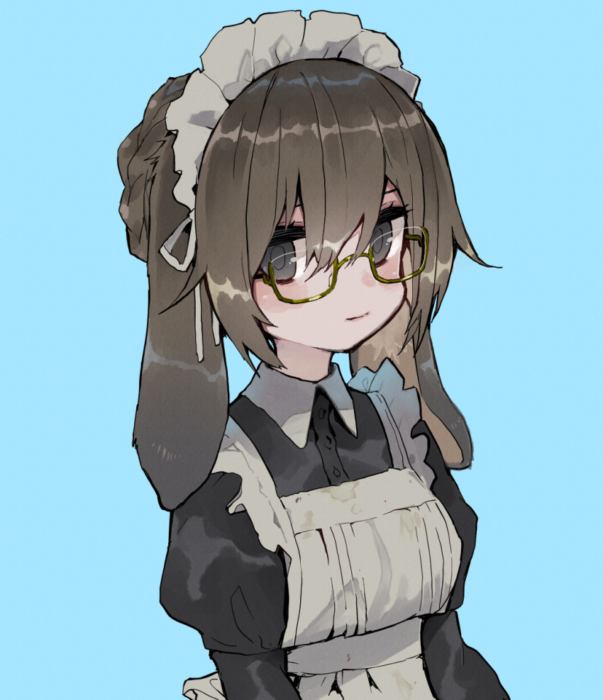 1girl animal_ears apron black_eyes blue_background braid brown_hair buttons closed_mouth collared_dress commentary_request dress floppy_ears french_braid frilled_apron frills glasses hair_between_eyes highres juliet_sleeves long_sleeves looking_at_viewer maid maid_headdress original puffy_sleeves rabbit_ears sakutake_(ue3sayu) semi-rimless_eyewear short_hair simple_background solo under-rim_eyewear upper_body white_apron yellow-framed_eyewear