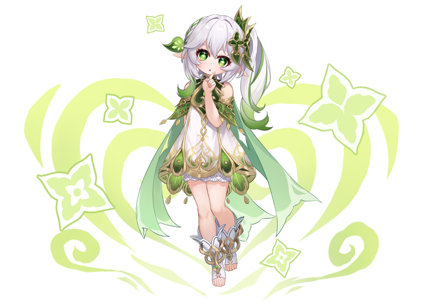 1girl bloomers dress feet finger_to_mouth full_body genshin_impact gradient_hair green_hair hair_ornament highres jinfengkaze leaf long_hair looking_at_viewer multicolored_hair nahida_(genshin_impact) pointy_ears short_dress side_ponytail socks solo toeless_footwear toes white_bloomers white_dress white_hair white_socks