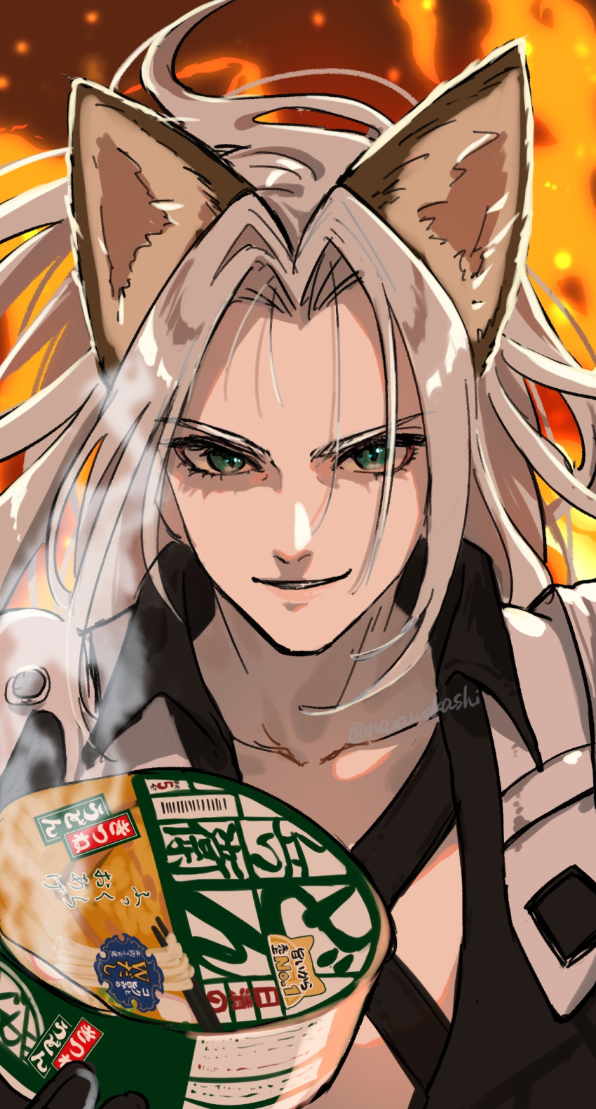 1boy animal_ears armor black_coat black_gloves chest_strap coat commentary_request donbee_(food) donbee_kitsune_udon evil_smile final_fantasy final_fantasy_vii final_fantasy_vii_remake fire food fox_ears gloves green_eyes grey_hair hand_up high_collar highres holding holding_food instant_udon kemonomimi_mode long_bangs long_hair looking_at_viewer male_focus naiawakashi night noodles open_clothes open_coat outdoors parted_bangs pauldrons sephiroth shoulder_armor smile solo twitter_username udon upper_body