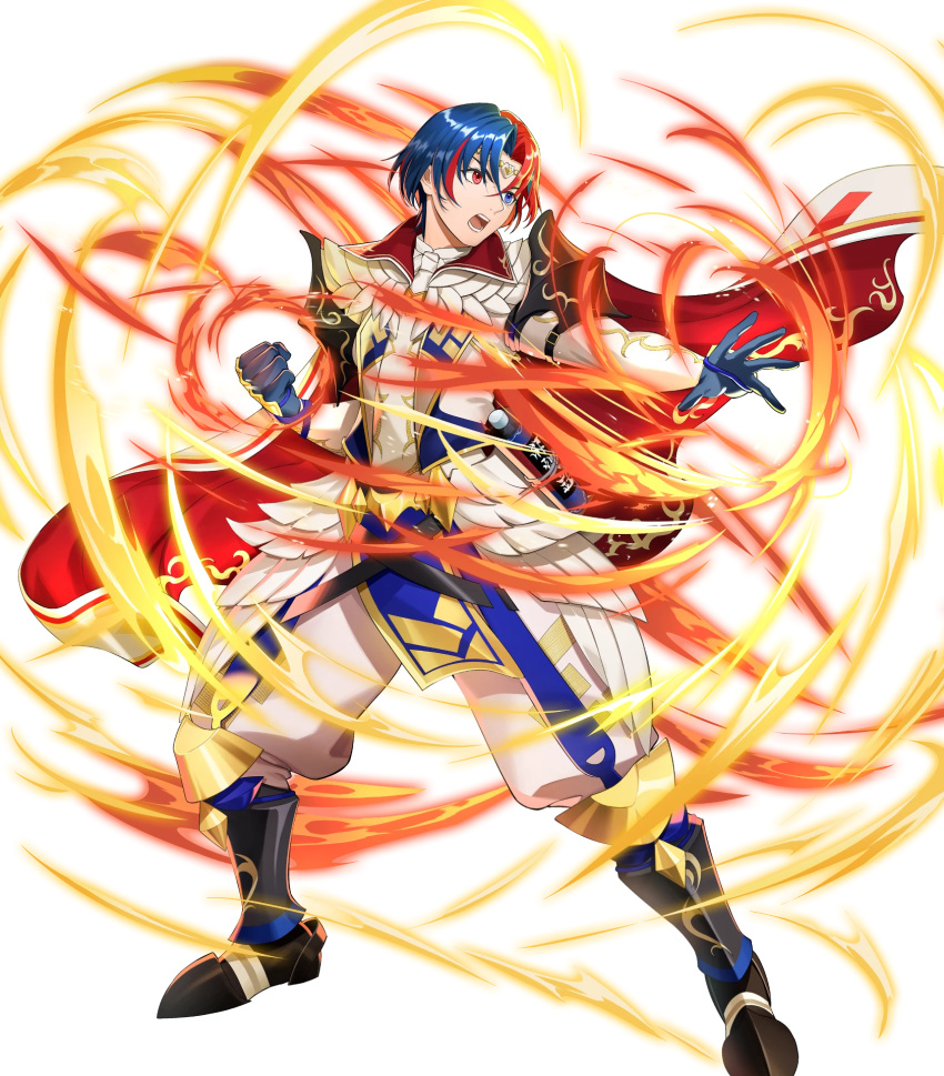1boy alear_(engaging_fire)_(fire_emblem) attack black_footwear blue_eyes blue_gloves blue_hair cape circletewhite_cape clenched_hand fire_emblem fire_emblem_engage gloves gold_trim heterochromia highres mikurou_(nayuta) multicolored_cape multicolored_clothes non-web_source official_alternate_costume open_mouth pelvic_curtain red_cape red_eyes redhead scroll solo upper_body white_cape