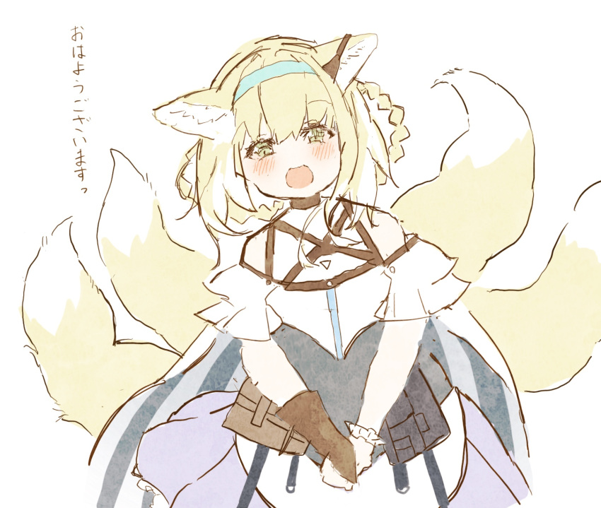 1girl animal_ear_fluff animal_ears arknights bare_shoulders blonde_hair blue_hairband blush braid bridal_gauntlets commentary_request fox_ears fox_girl fox_tail green_eyes hair_rings hairband highres kitsune looking_at_viewer open_mouth own_hands_together pentagon_(penntagonn5) pleated_skirt purple_skirt shirt simple_background skirt solo suzuran_(arknights) tail translation_request twin_braids white_background white_shirt